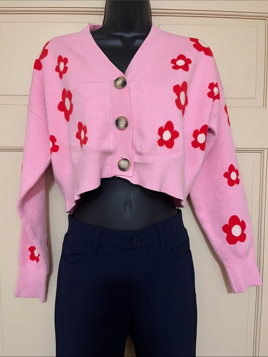 Bailey Rose Sweaters - Cropped Pink Floral Button-Front Cardigan Sweater